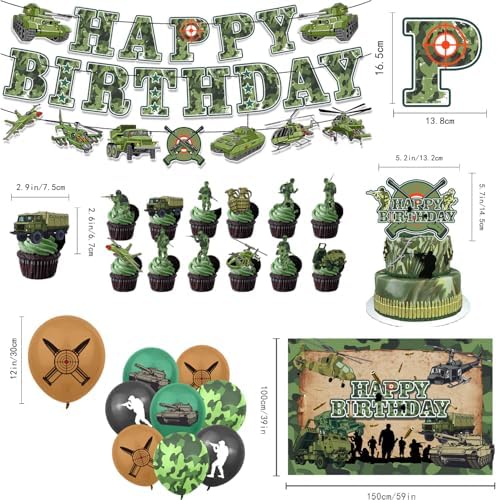 Army Birthday Party Decorations Includes Balloons- Army Banner-Cake Topper-Cupcake Toppers-Backdrop-Plates-Tablecloth-Napkins-Cups and Cutlery for Camo Birthday Party Decorations - Image 3
