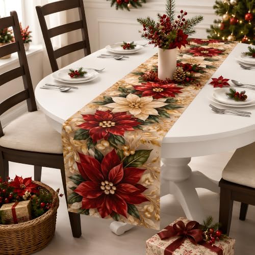 Christmas Decorations - Elegant Red White Poinsettia Gold Leaf Table Runner - Image 4