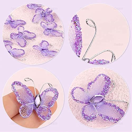 AUEAR, 50 Pack Sheer Mesh Wire Glitter Butterfly with Gem for Home and Wedding Decoration Party Wall Decorations (Purple) - Image 3