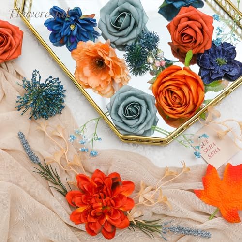 Floweroyal Artificial Flowers Combo Orange Flowers Mix Silk Flowers Dahlia Roses with Stems for DIY Wedding Bridal Bouquets, Baby Shower, Floral Arrangement, Table Centerpieces, Home Decorations. - Image 6