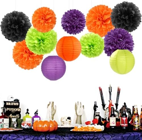 Black-Orange Purple Green Halloween Party-Decorations - 15PCS Paper Flowers Lanterns Tissue Pom Poms Streamers,Vintage Birthday Baby Shower Bachelorette Wedding Bathroom Hanging Supplies Decor Hugfond - Image 4