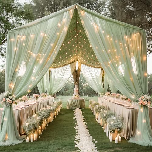 6 Panels Green Ceiling Curtains with Lights for Weddings - 5ftx10ft Wrinkle-Free Tulle Fabric Wedding Arch Draping Ceiling Drapes Decorations for Wedding Party Ceremony Stage Tent Event - Image 7