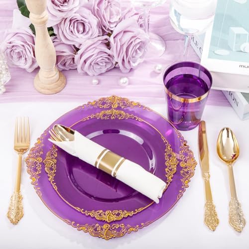 Hioasis 210 Pcs Purple Gold Plates for Party - Image 4