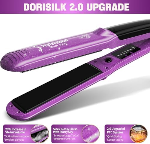 DORISILK 2.0 Upgraded Steam Straighteners for Hair, Professional Salon Ceramic Vapor Steam Flat Iron Hair Straightener and Curler 2 in 1 Straightening Curling Iron 1″, Dual Voltage LED Temp, Purple - Image 4