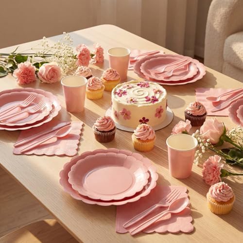 Yaomiao 168 Pcs Dusty Pink Plates and Napkins Set Pink Birthday Supplies - Image 4