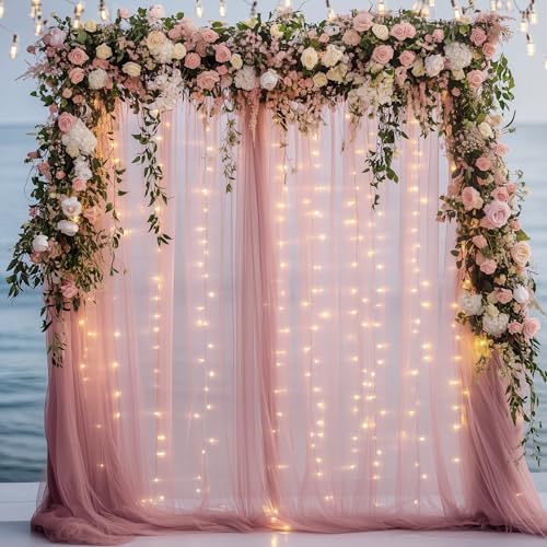 Fomcet Tulle Backdrop Curtains with Lights Dusty Rose 10x8ft Sheer Curtain by Fomcet