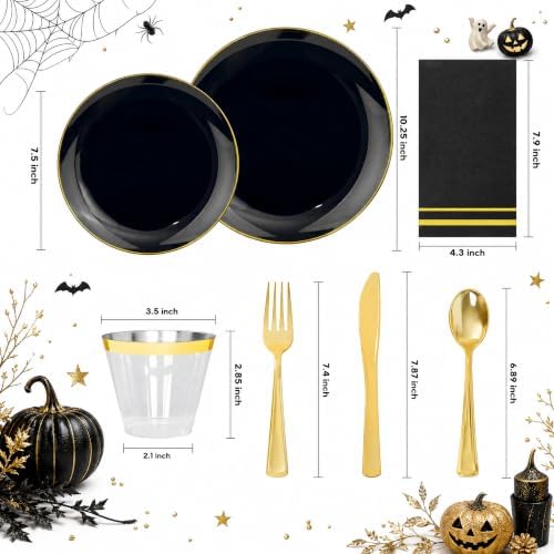 NOCCUR 350PCS Black and Gold Plastic Plates - Black Disposable Dinnerware Set for 50 Guests, 100 Dinner/Dessert Plates, 150 Gold Silverware, 50 Cups&50 Napkins for Party/Birthday/Halloween - Image 2