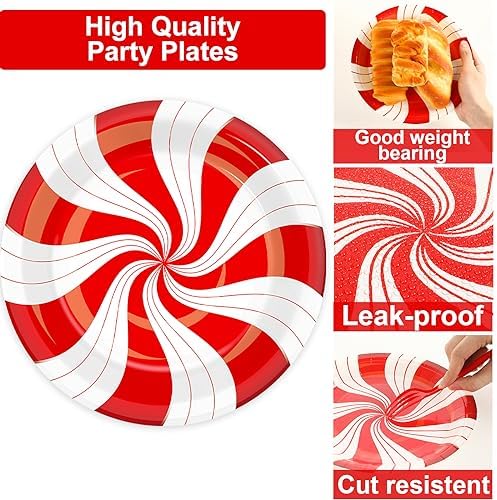 100Pcs Christmas Peppermint Paper Plates and Napkins Party Supplies Candy Cane Party Tableware Set Red and White Striped Christmas Winter Party Decor Favors for Holiday Xmas Theme Party Serves 25 - Image 4