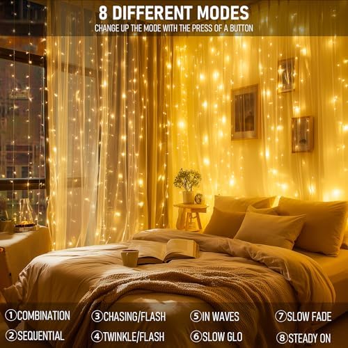 Dazzle Bright 300 LED Curtain Lights, Plug in Fairy Curtain Lights for Bedroom, Christmas Hanging String Lights Outdoor for Window Backdrop Wall Wedding Patio Indoor Dorm Party Decor, Warm White - Image 4