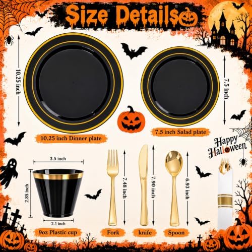 WELLIFE 350PCS Black and Gold Plastic Plates - Plastic Dinnerware Set for 50 Guests,Include 50 Dinner Plates, 50 Dessert Plates, 50 Black Cups 9 OZ, 50 Pre Rolled Napkins with Gold Silverware - Image 2