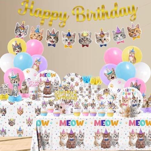 Cat Birthday Decorations,190pcs Cat Party Decorations cat Birthday Plates and Napkins Cups Tablecloth Cake Topper Hanging Swirls Centerpiece Balloon for Ca t Party Supplies - Image 4