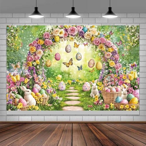 Spring Happy Easter Backdrop, Enchanted Forest Colorful Eggs Rabbit Bunny Floral Butterfly Photography Background, Fairy Tale Wonderland Garden Party Decorations Banner Photo Studio Props 15X10FT - Image 4