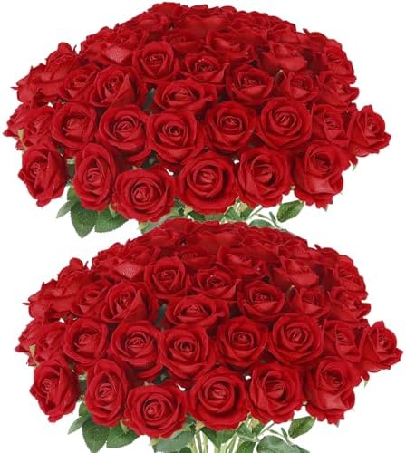 Hananona 50 Pcs Artificial Roses, Realistic Silk Red Flowers Bulk by HANANONA