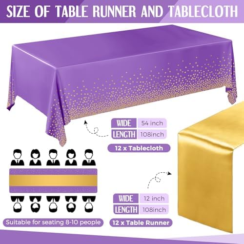 Breling 24 Pack Purple and Gold Disposable Tablecloths and Table Runner Set - Image 2