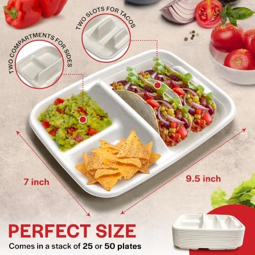 White Disposable Taco Plates for 2 Tacos & 2 Sides – 25 PACK | Premium Paper Plates with Dividers, Fiesta Taco Holder, Taco Stand for Taco Tuesday & Taco Bar Serving Set Taco Plates (25 Plates, White) - Image 3