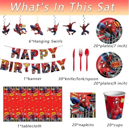 118 Pcs Spider Birthday Party Supplies Set, Spider Theme: 1Banner, 20Cups, 6Hanging Swirls, 30(Spoons+Forks+Knives), 1Tablecloth, 20Plates(9 inch), 20Plates(7 inch), 20Napkins - Image 3