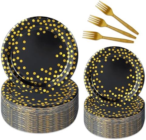 150 Pcs Black and Gold Paper Plates Party Supplies,Serves 50 Guests 7" 9" Black Gold Plates and Gold Plastic Forks,Disposable Paper Tableware Set for Graduation Retirement Decorations by Upigi