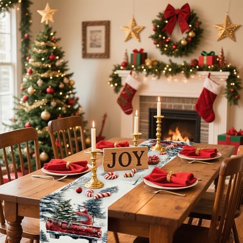 Winter Table Runner, Seasonal Christmas Kitchen Table Decoration, Suitable for Winter ChristmasFamily Gathering Indoor 13x72 inches (13x72 inches, red car) - Image 4