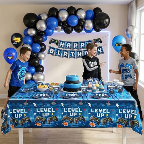 196 Pcs Video Game Birthday Party Decorations (Serves 24), Game Party Tableware Include Banner Hanging Plates Napkins Cups Forks Knifes Tablecloth Topper Balloons for Boy Party (Blue) - Image 7