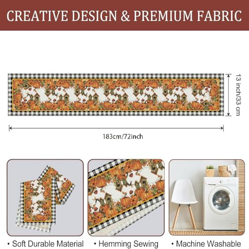 Buffalo Plaid Pumpkin Bow Table Runner 13x72 Inch - Easy-Clean Fall Thanksgiving Decor for Kitchen Dining Home Party - Image 7