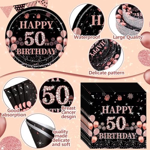 Pickmesh 400 Pcs 50th Birthday Party Supplies, Black Pink Tableware Set - Image 2