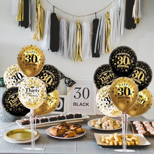 TONIFUL 4 Set Black Gold 30 Printed Balloon Stands for 30th Birthday Decor - Image 4