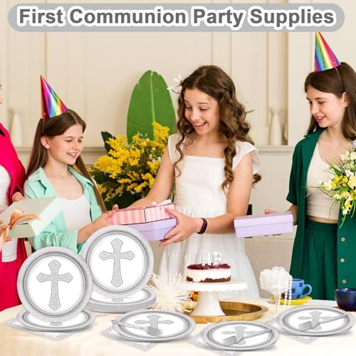 96Pcs Baptism Cross Plates and Napkins First Holy Communion Birthday Party Decorations Gray Religious Christening Ceremony Dessert Plates Tableware Set for 24 Guests Cross Baptism Party Supplies - Image 6