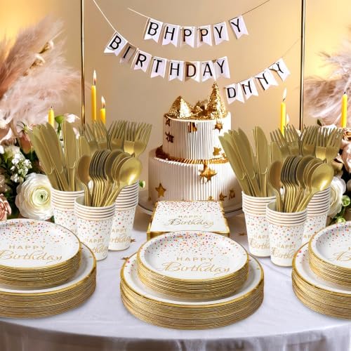 175PCS White Happy Birthday Plates Dinnerware Set, Napkins & Cups, Serve 25 - Image 7