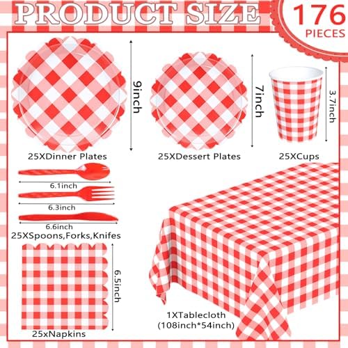 WNINK 176 PCS Red Gingham Plates and Napkins, Red Checkered Disposable Plates Set with Napkins Cups Plastic Spoons Forks Knives for Dinner Birthday Baby Shower Wedding Supplies Serve 25 Guests - Image 5