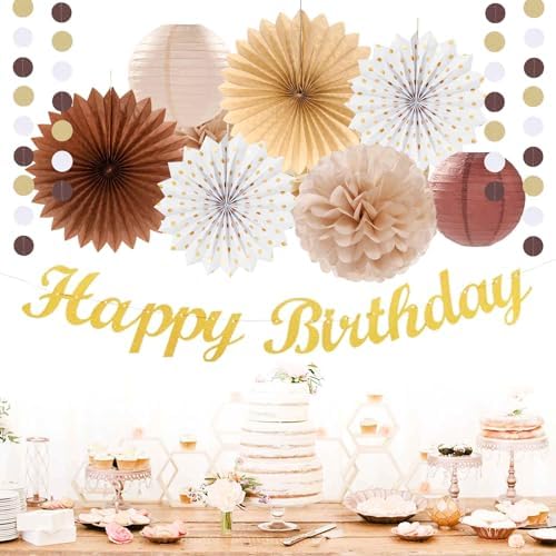 White-Brown Champagne-Gold Boho Birthday Party-Decorations - 21pcs Happy Banner,Beige Neutral Rustic Paper Lanterns Honeycomb, Hanging Streamers,Tissue Pom Poms Flower Fan,Fall Decor Supplies Huglony - Image 4