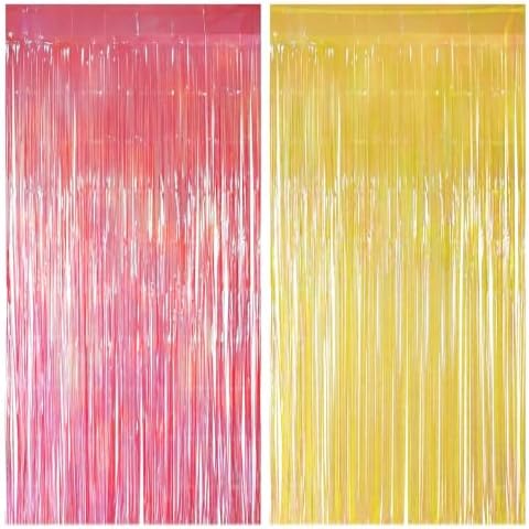 2 Pack Pink & Yellow Party Decorations, 3.3 x 8.2 ft Fringe Backdrop by JustShimmer