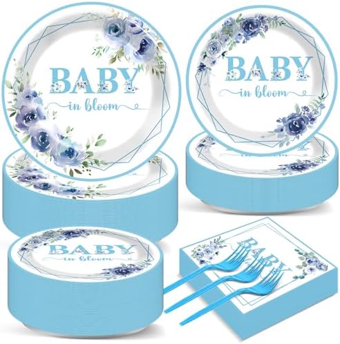 50 Guests Baby In Bloom Baby Shower Decoration Blue Flower Paper Plates Napkins Forks Spring Floral Theme Party Tableware Disposable Party Supplies Favor Plates For Boy Girl Birthday 200PCS by gisgfim