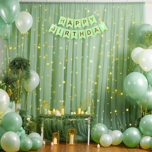 10x8ft Olive Green Tulle Backdrop Curtain with Lights String for Parites, Sheer Photo Backdrop Drapes with Lights for Wedding Backdrop Ceremony Reception Bridal Shower Baby Shower Birthday Party - Image 6
