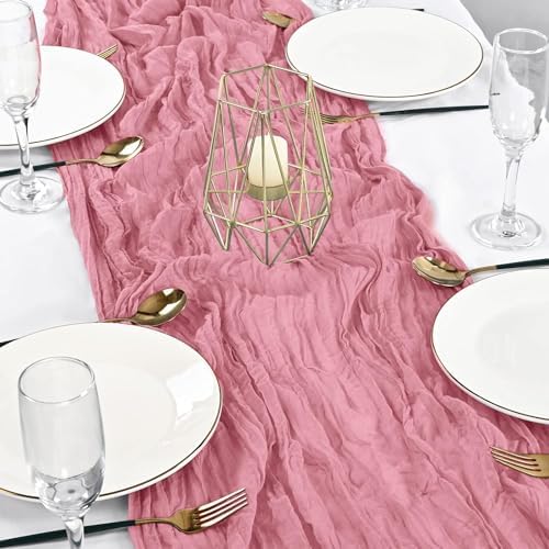 12 Pack Dusty Rose Table Runner, 35x120 Inch Pink Cheesecloth Table Runner with Wrinkle 10ft Long Boho Rustic Gauze Sheer Cheese Cloth for Wedding Party Bridal Baby Shower Table Decor - Image 5