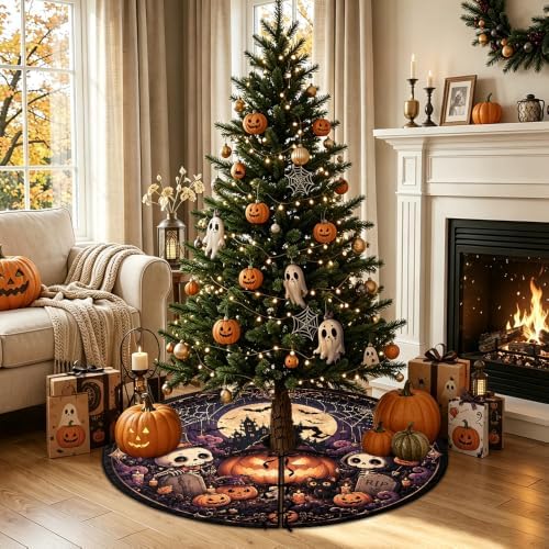36 Inch Halloween Tree Skirt Pumpkin Ghost Skull Spooky Carpet Mat Decor - Image 4