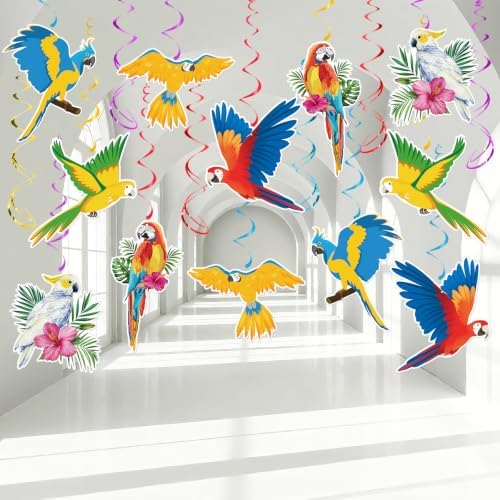 30 Pcs Tropical Birds Decorations, Hawaiian Toucan Parrot Hanging Swirl Foil Ceiling Decor for Hawaiian Luau Tiki Bar Jungle Rainforest Summer Beach Pool Party Supplies - Image 2