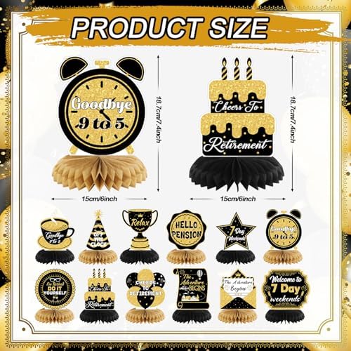Pickmesh 12 Pcs Retirement Party Decorations Honeycomb Gold Glitter Retirement Table Centerpieces 3D Double Sided Hello Pension Table Decoration Topper for Men Women Party Favors Supplies - Image 2