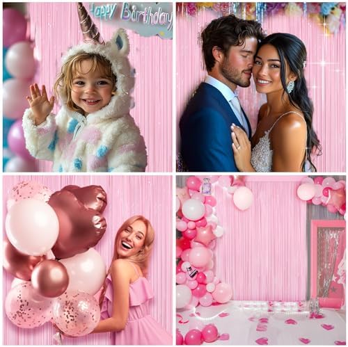 4 Packs Pastel Pink Foil Fringe Curtain, Baby Pink Metallic Tinsel Backdrop for Birthday, Wedding, Baby Shower, Princess Bachelorette Cowgirl Bow Party Decorations Supplies - Image 5