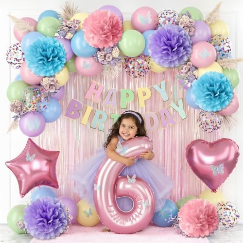 Pastel 6th Birthday Colorful Party Decorations Girls Pink Number 6 Balloon - Image 2