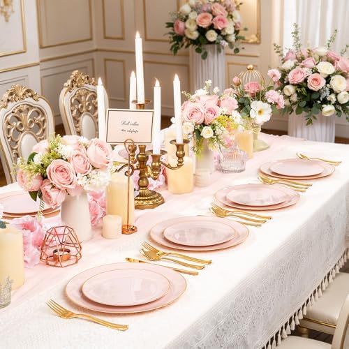 YOUBET 125PCS Pink Plastic Plates with Gold Rim for Party Wedding Birthday - Image 3