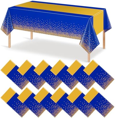 12Pcs Blue Gold Tablecloth Party Decorations,Plastic Royal Blue Table Cloth Printed Gold Tables Runner Disposable Rectangle Table Cover for Birthday Anniversary Wedding Graduation Party,54 x108 Inch by MASHAN