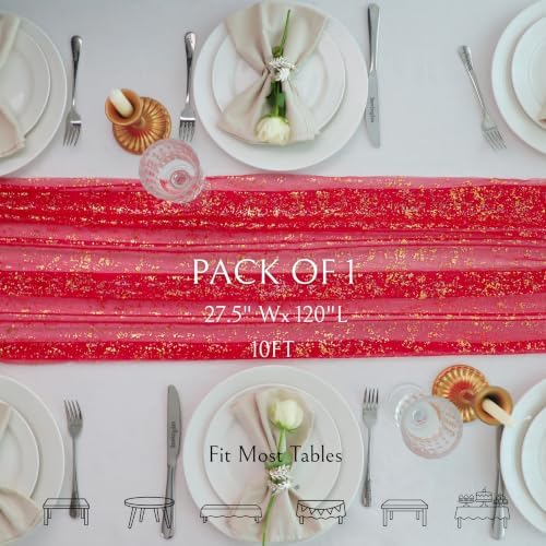 Snowkingdom Red Gold Table Runner Gauze 10FT Sparkly Sequin Glitter Sheer Chiffon Cheesecloth Runner 120 Inch Home Party Decorations for Wedding Anniversary Birthday Graduation Christmas Holiday - Image 2