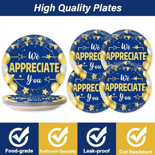 96Pcs We Appreciate You Party Plates and Napkins for Employee Staff Appreciation Blue Gold Supplies Work Anniversary Themed Plate Thank You Tableware Set for Teacher 24 Guests Party Decorations - Image 3