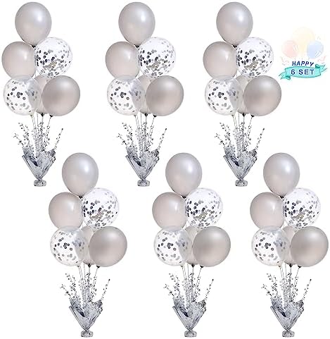 6 Set Silver Table Balloons Centerpiece Stand Kit with Silver and Confetti Balloons for Graduation Birthday Party Baby Shower Wedding Bridal Shower Prom Table Decorations by Suppromo