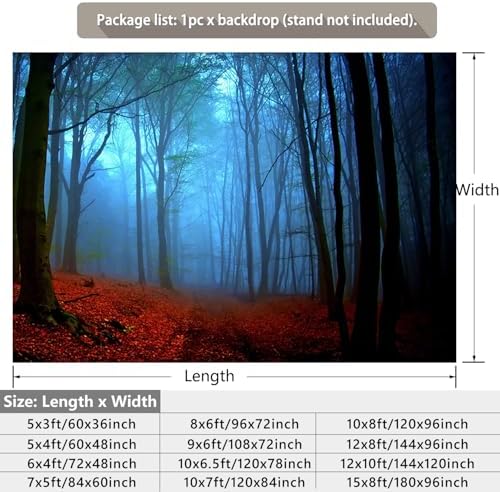 Misty Forest Backdrop Halloween Eve Dark Blue Fog Fall Autumn Maple Leaves Woods Background for Thanksgiving Party Photography Studio Photo Booth Props 12x8ft - Image 2