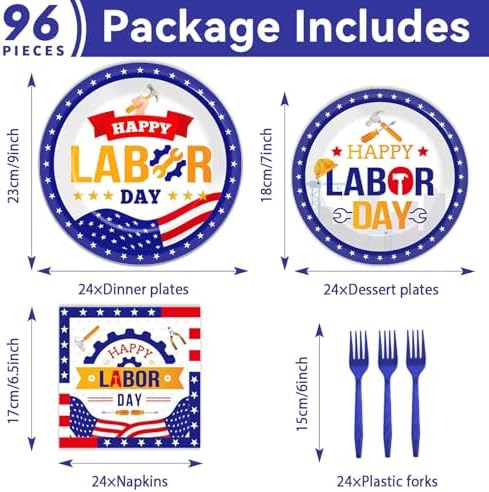96 Pcs Labor Day Party Supplies for 24 Guests Labor Party Tableware Plates Napkins American Holiday Patriotic Dinnerware Table Decorations Happy Labor Day Party Favor for USA Independence Day - Image 2