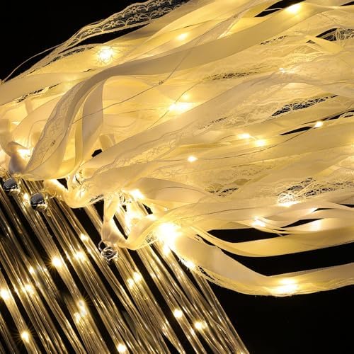 50 Pcs Wedding Wands Ribbon Streamers with 3 Colorful Flashing Modes, Light up LED Silk Fairy Wands, Glow Lace Stick with Bells for Wedding Reception, Graduation, New Year, Birthday Party (Warm White) by HUIZONHOME
