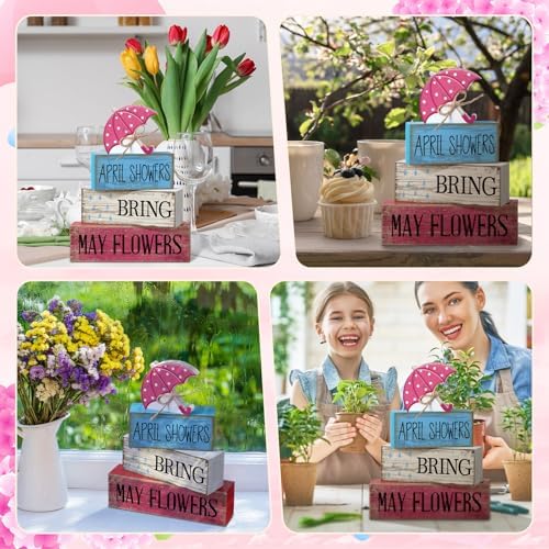 Moucuny 4 Pcs Spring Wooden Block Signs Farmhouse Table Decoration - Image 4
