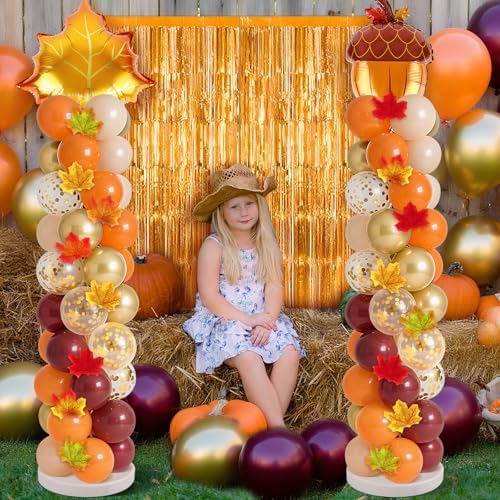 2 Sets Fall Balloon Column Stand Kit 3.3 X 6.6 ft Fall Photo Backdrop With Chestnut Maple leaf Balloons Orange Burgundy Skin Balloon for Thanksgiving Autumn Birthday Parties - Image 6