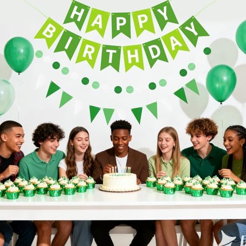 Green Happy Birthday Banner Hanging Sign Circle Dot Triangle Bunting - Image 6